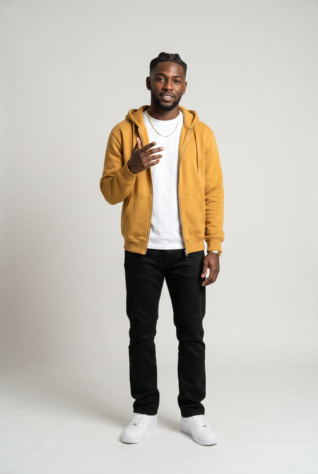 AI-made photo: a man with short twists in a mustard-yellow zip hoodie and a gold chain