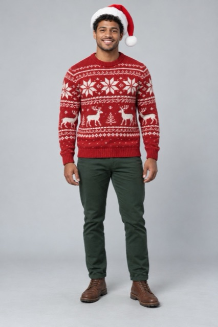 AI-made photo: a man with short curly black hair in a red reindeer sweater and Santa hat