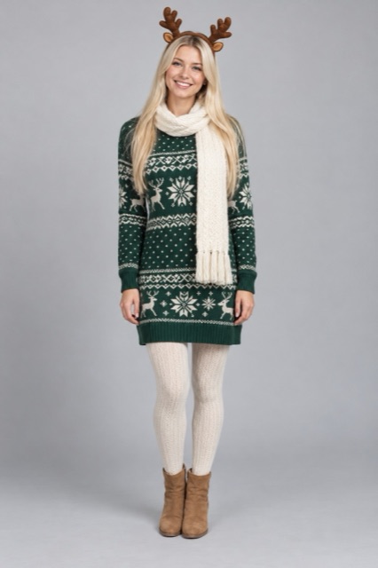AI-made photo: a woman with long platinum-blonde hair in a green Christmas knit dress