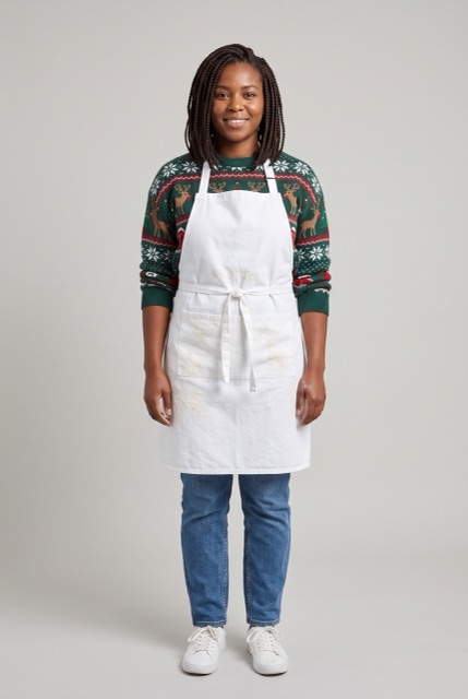 AI-made photo: a woman in a white apron over a Christmas sweater
