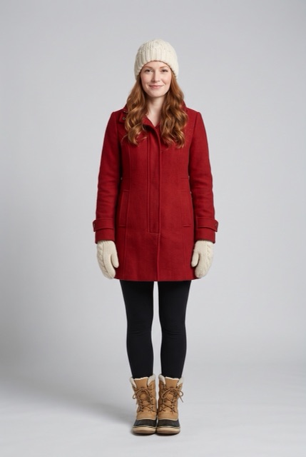 AI-made photo: a woman in a red coat and white knit hat