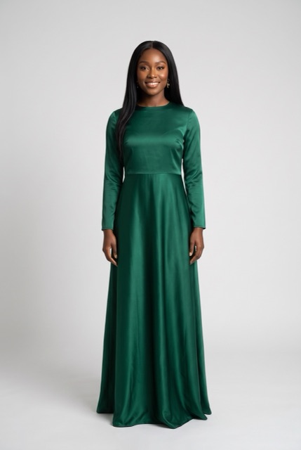 AI-made photo: a woman in a long emerald satin dress