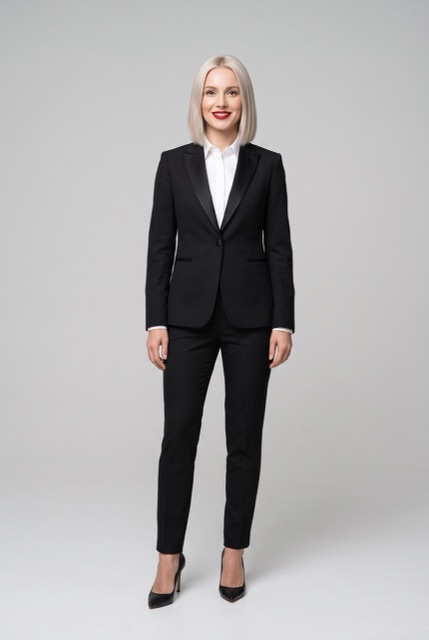 AI-made photo: a woman with platinum hair in a black suit
