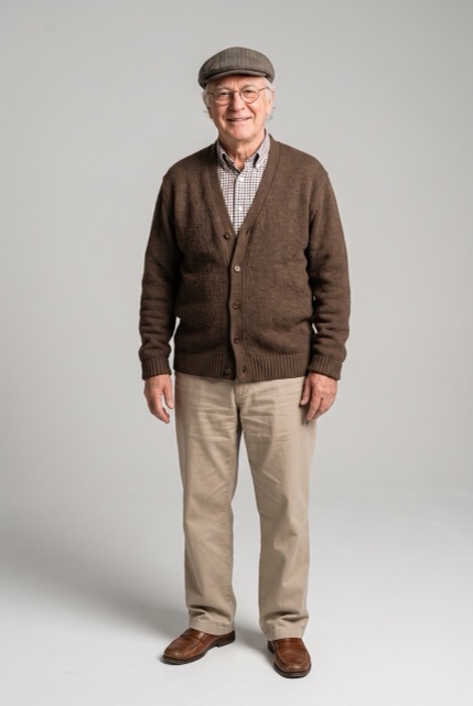 AI-made photo: an older man in a flat cap and brown cardigan