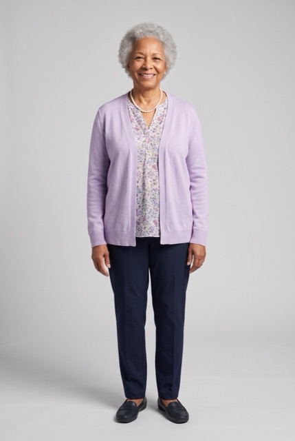AI-made photo: an older woman with curly grey hair in a lilac cardigan