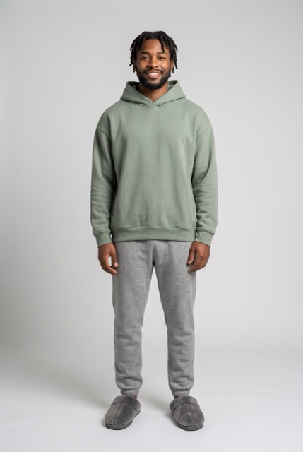 AI-made photo: a man in a sage-green hoodie