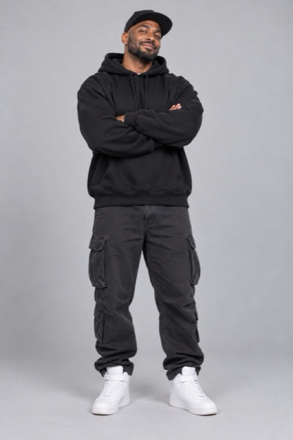 AI-made photo: a man with a short dark beard in a black hoodie and black cap