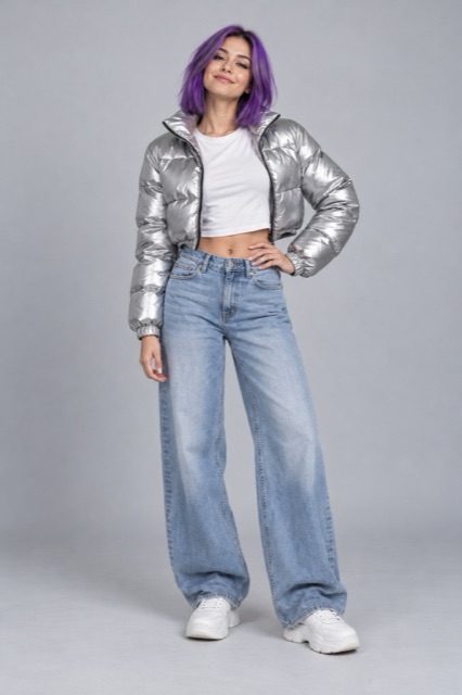 AI-made photo: a woman with a purple bob in a cropped silver puffer jacket